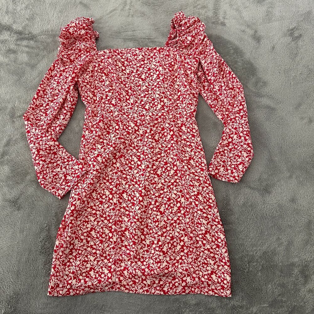 Leith Red Ditsy Floral Square Neck Puff Sleeve Dress SMALL Long Sleeve